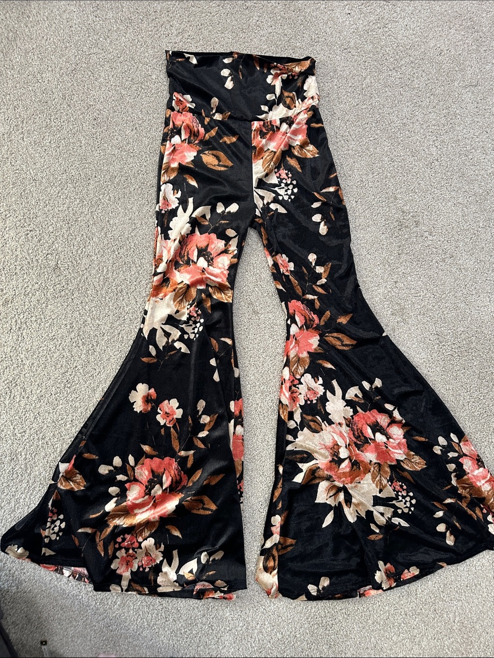 Black Floral Stretch Velvet Flare Pants